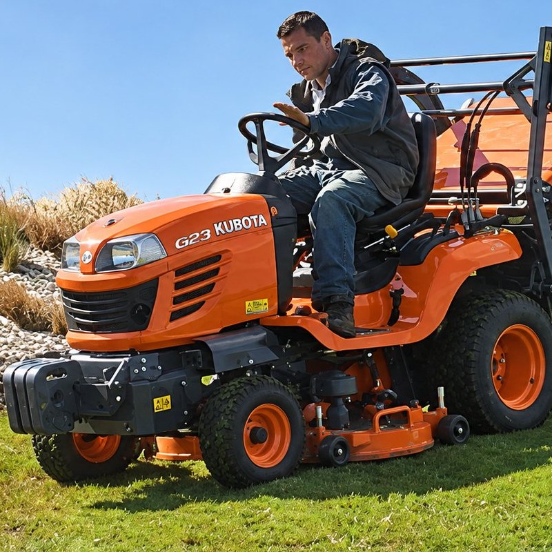 Tonte d’un talus engazonné avec une tondeuse autoportée orange
